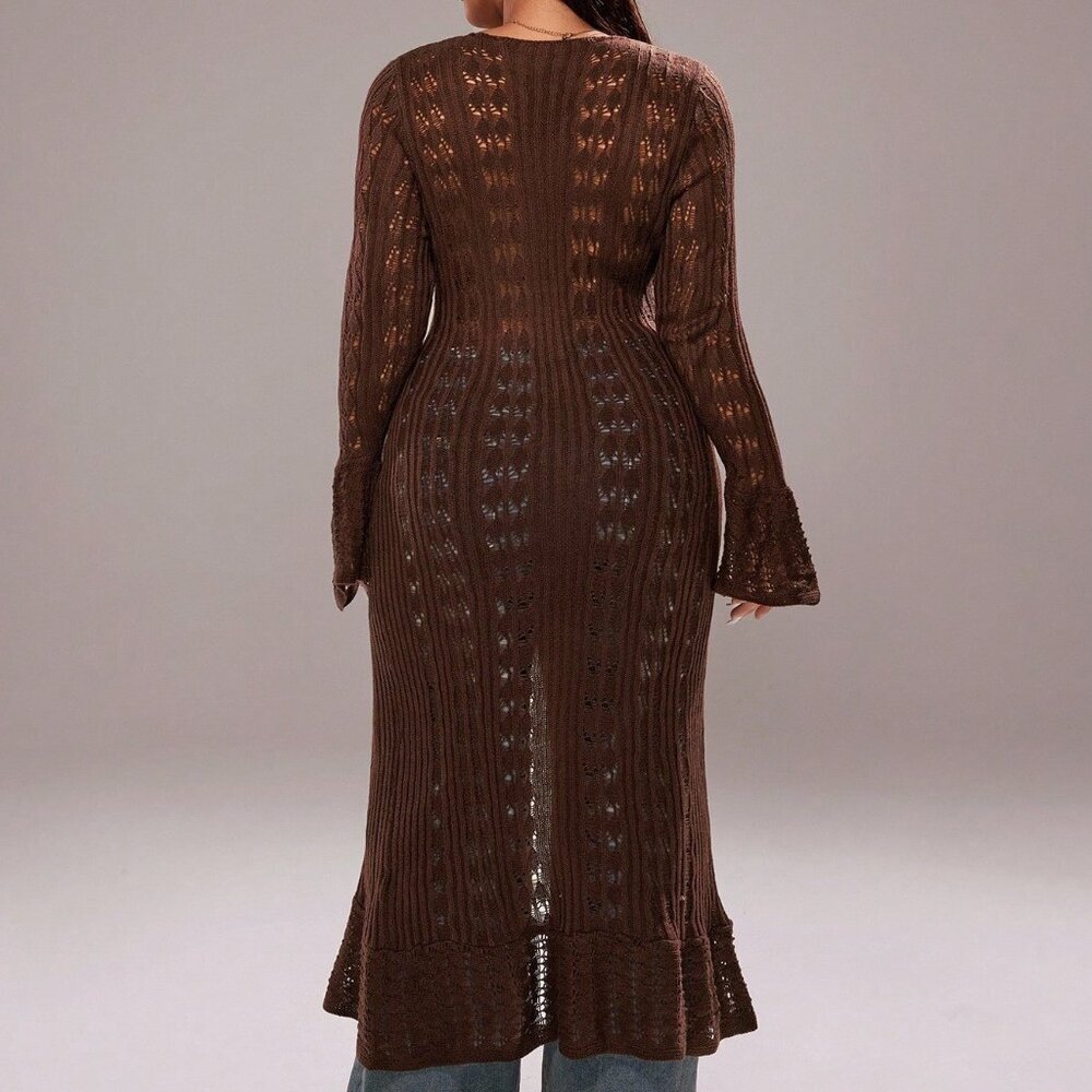 Coffee Brown Casual Women's Long Cardigan - Picture 2 of 7